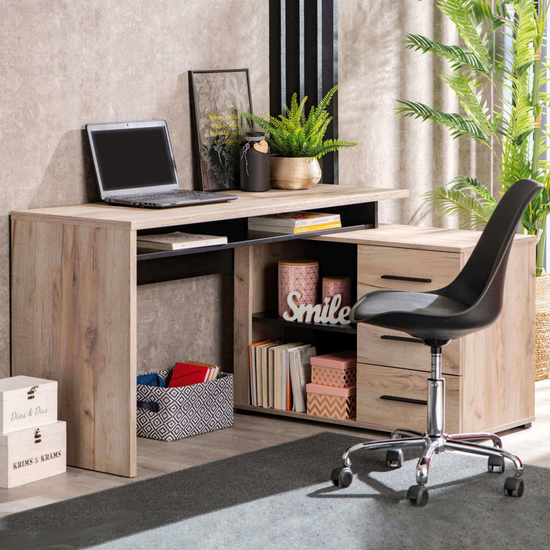 Scrivania ad angolo per studio ufficio in legno nobilitato bilaminato con 3 cassetti e 2 ripiani Corner Desk