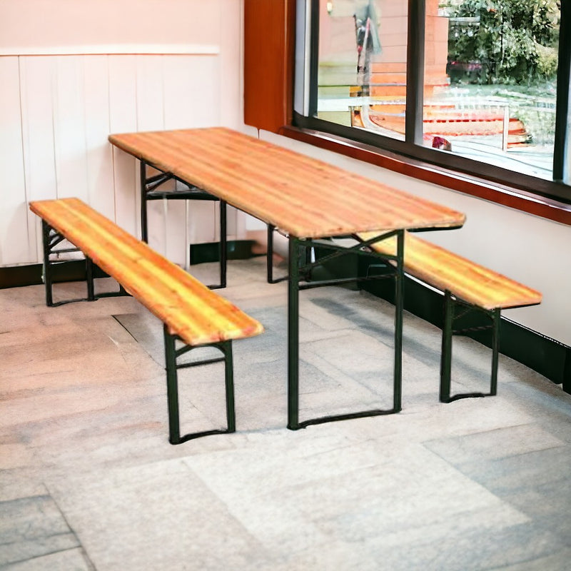 Set birreria tavolo con 2 gambe e panche in legno e acciaio per feste e campeggio 200x50xh77 cm