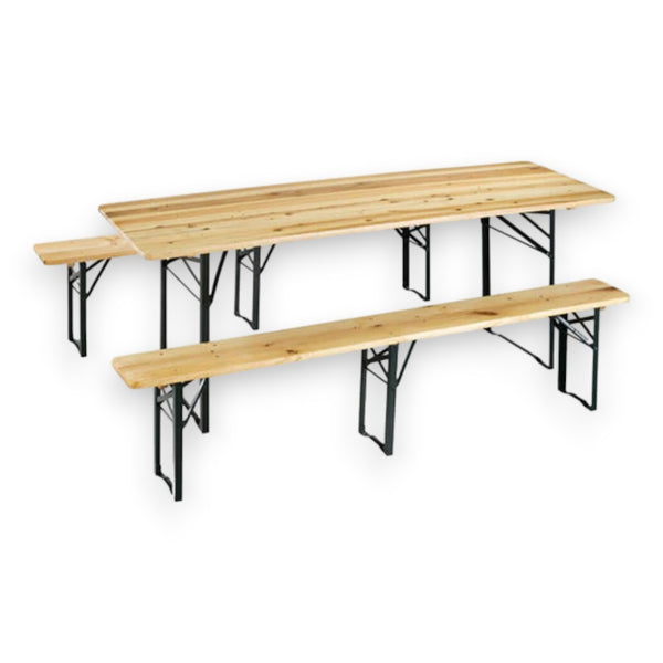 Set birreria tavolo con panche a 3 gambe in acciaio e legno per feste e campeggio 220x70xh77 cm