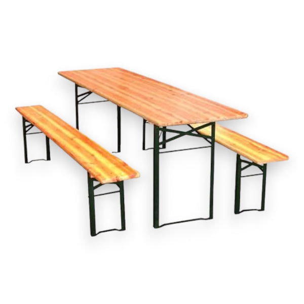 Set birreria tavolo con 2 gambe e panche in legno e acciaio per feste e campeggio 220x80xh77 cm