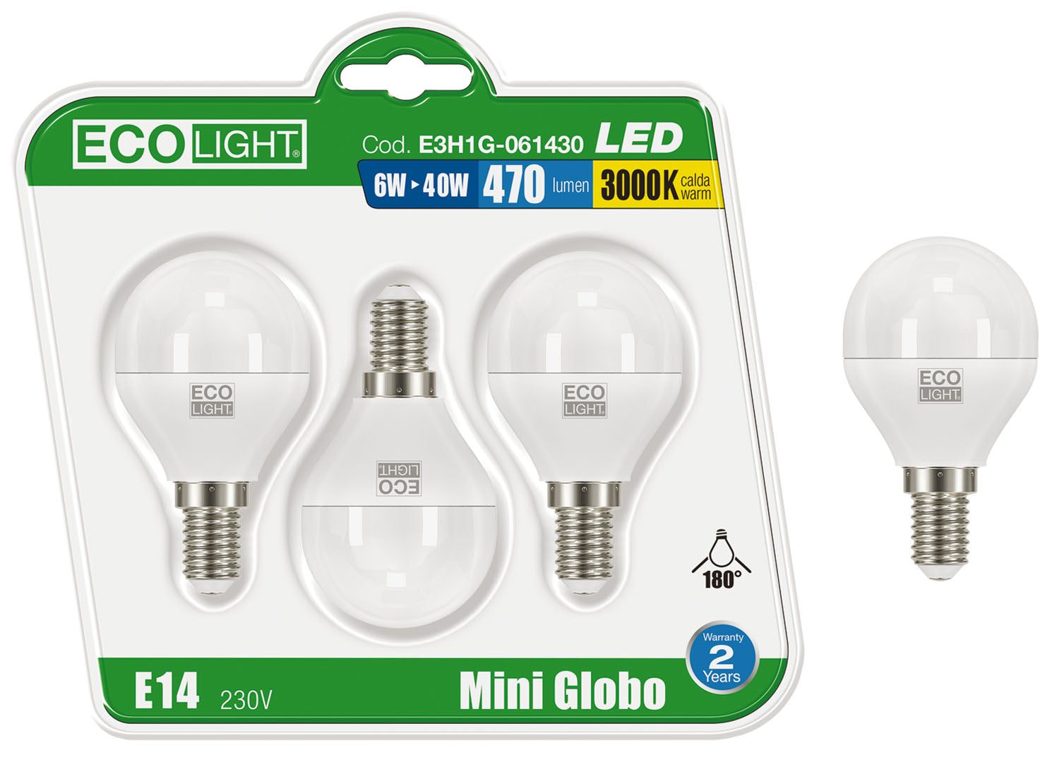 Lampadina sfera led 6W, A+ 470 lumen, luce calda 3000 K, attacco