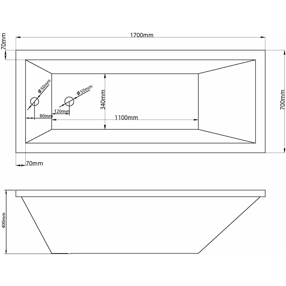 Vasca da bagno rettangolare ad incasso solo guscio in acrilico bianco 170x70 Cm