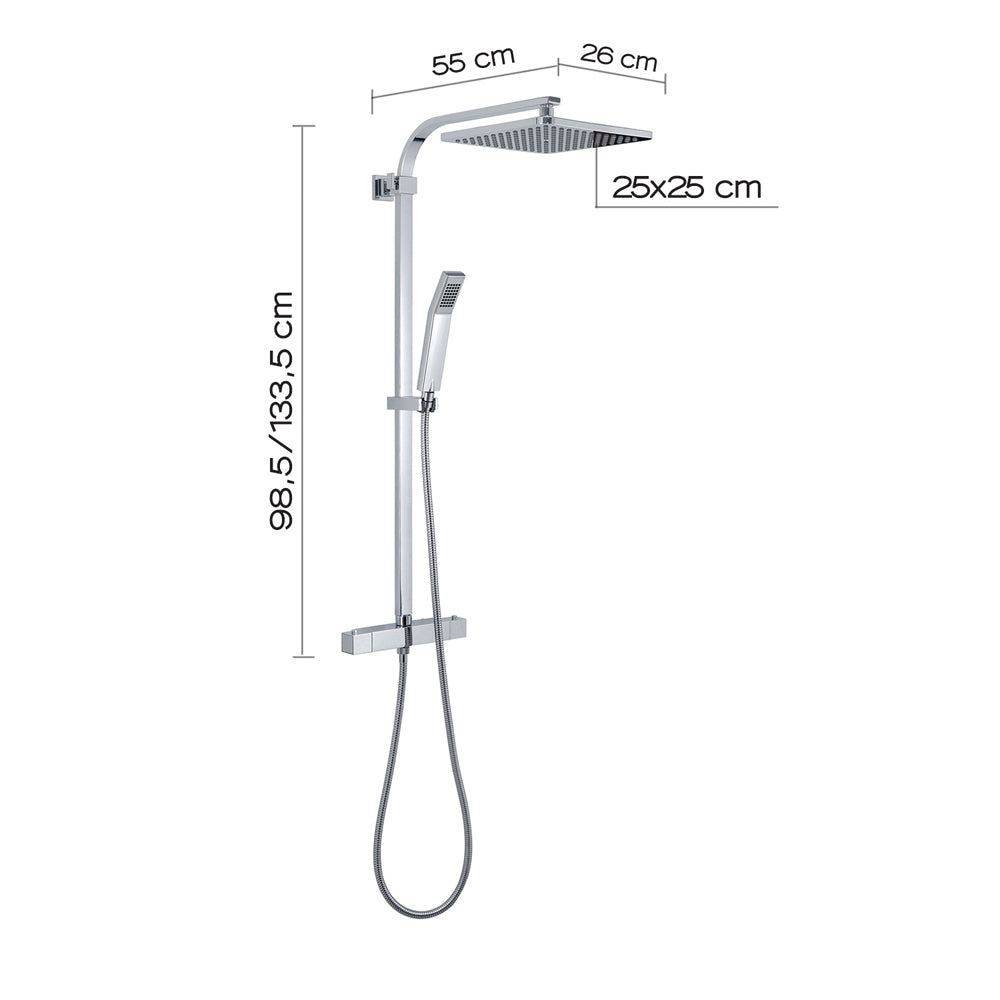 Set colonna doccia quadra cromo in acciaio inox con soffione doccetta 1 getto e miscelatore termostatico abs star mix 01