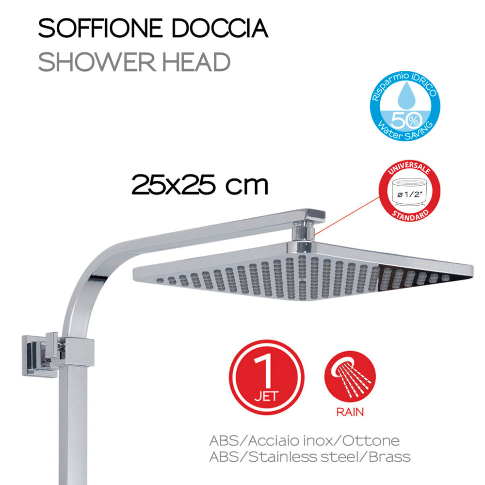 Set colonna doccia quadra cromo in acciaio inox con soffione doccetta 1 getto e miscelatore termostatico abs star mix 01