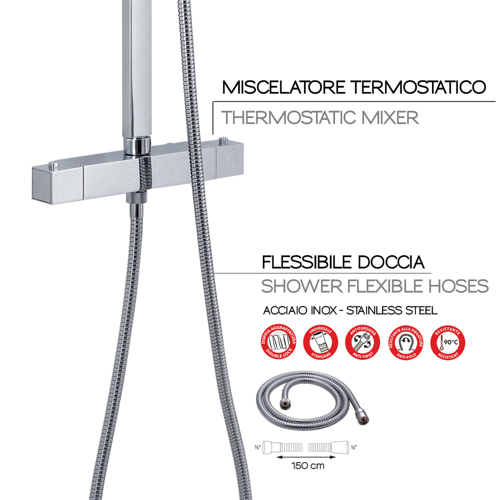 Set colonna doccia quadra cromo in acciaio inox con soffione doccetta 1 getto e miscelatore termostatico abs star mix 01