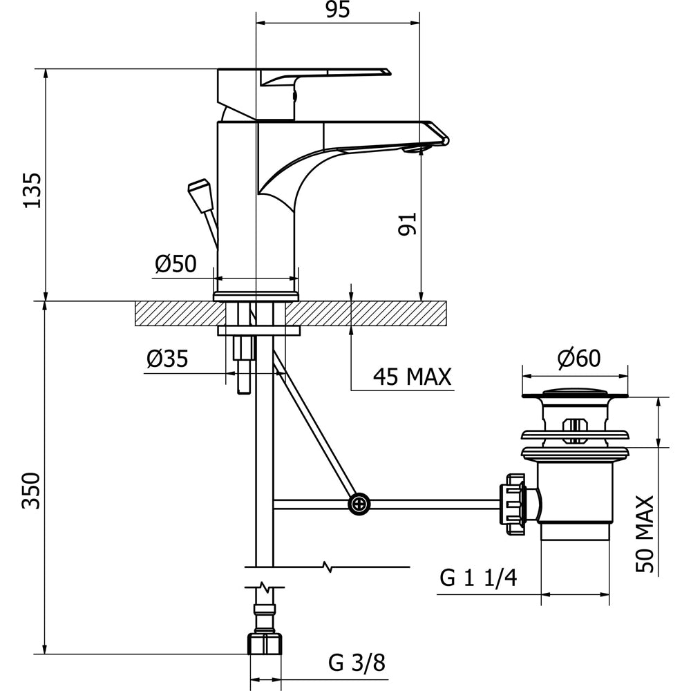 Miscelatore lavabo cromato con scarico automatico 1"1/4