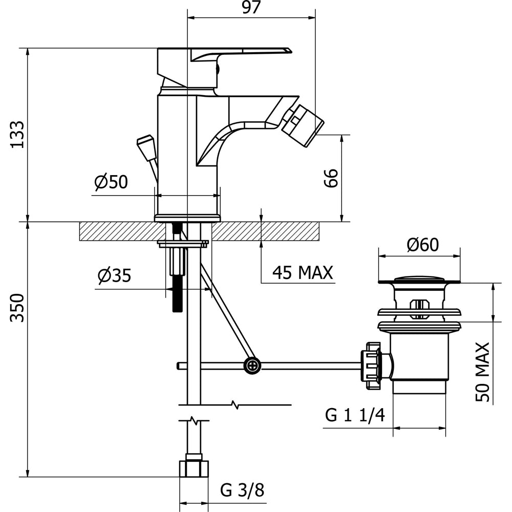 Miscelatore per bidet con scarico automatico 1"1/4