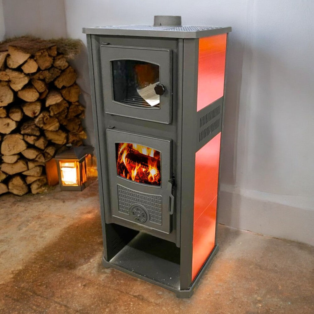 Stufa riscaldamento a legna con forno struttura in acciaio 11.3 kw rivestimento ghisa e maioliche Kalorosa