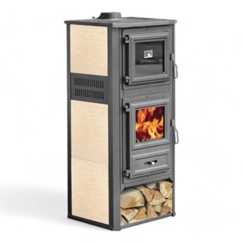 Stufa riscaldamento a legna con forno struttura in acciaio 11.3 kw rivestimento ghisa e maioliche