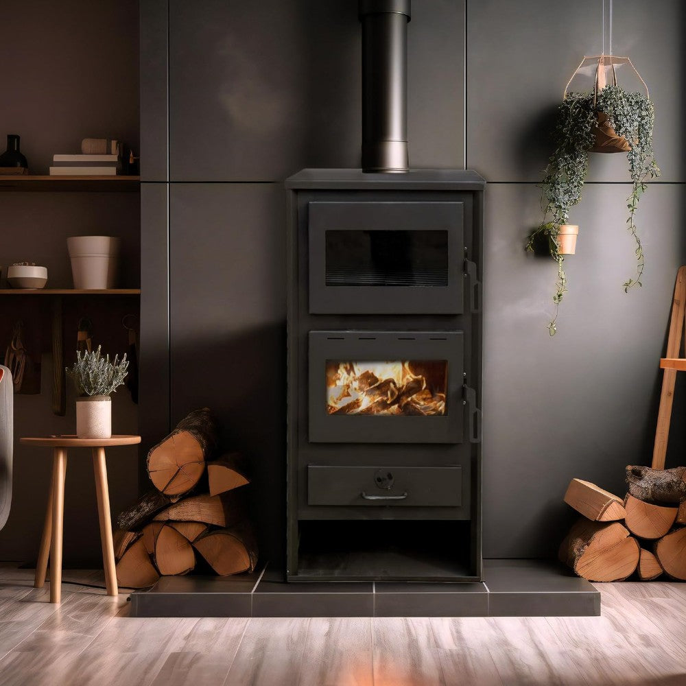 Stufa a legna 21,4 kw con forno e attacco per impianto idrico in acciaio 59x57xH110 cm antracite