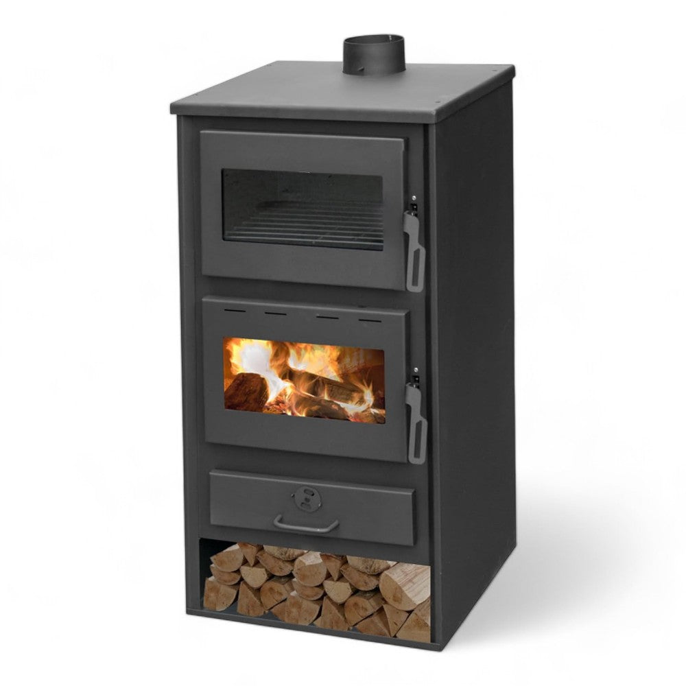 Stufa a legna 21,4 kw con forno e attacco per impianto idrico in acciaio 59x57xH110 cm antracite