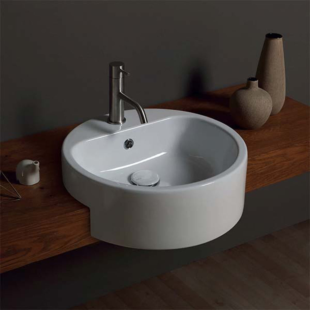 Lavabo a semincasso rotondo diametro 50 cm in vetrochina bianco con foro centrale VariForm