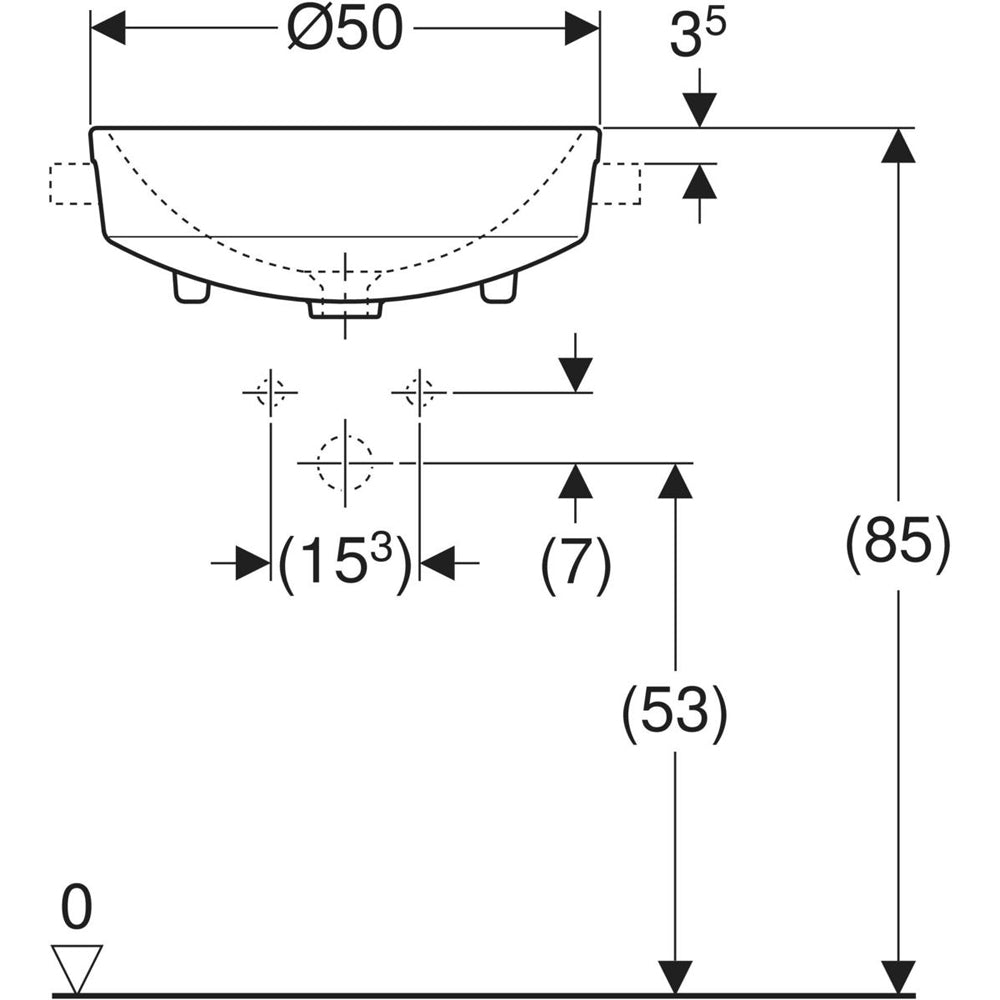 Lavabo a semincasso rotondo diametro 50 cm in vetrochina bianco con foro centrale VariForm