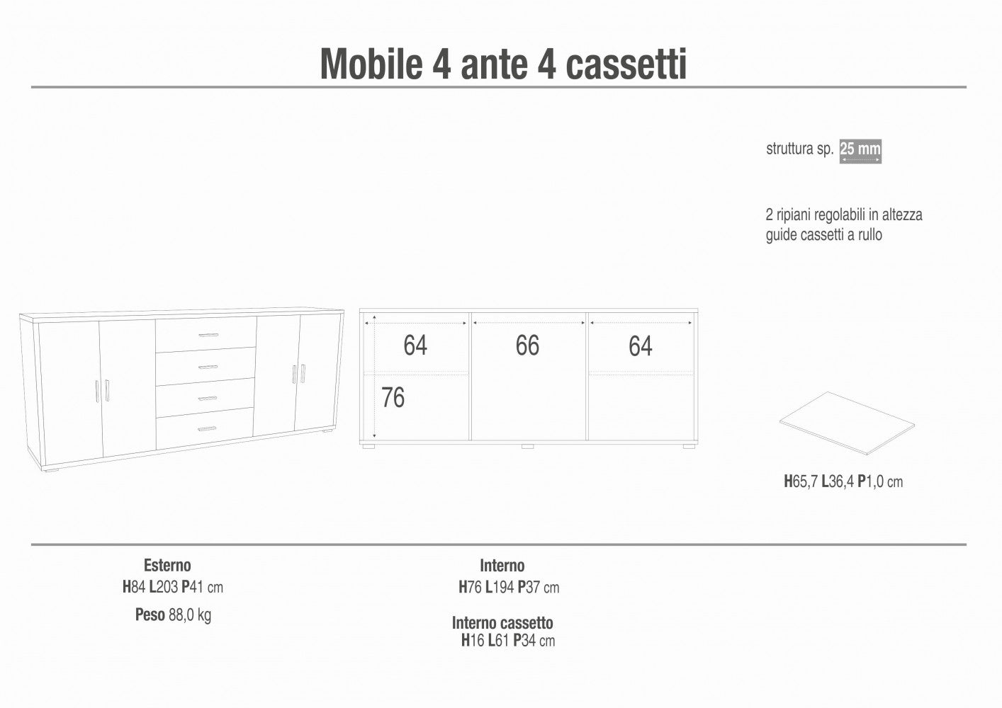 mobile soggiorno moderno 4 ante 4 cassetti colore marrone effetto ossido noce dimensioni 203x41x84 cm materiale MDF