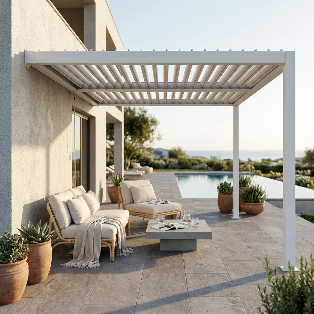 Pergola bioclimatica 3x2.5 mt. addossata in alluminio con lamelle frangisole orientabili