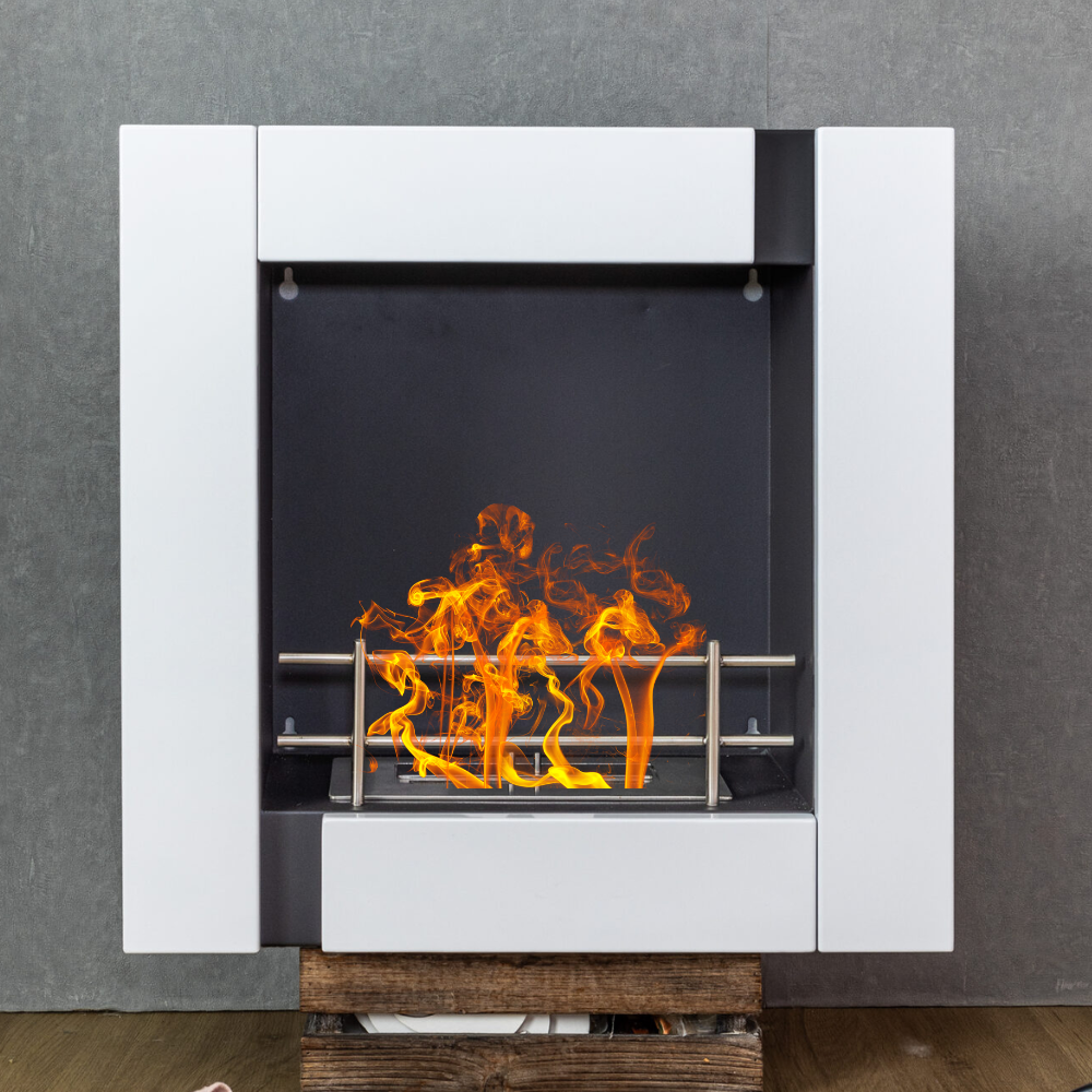 Camino a bioetanolo 1,70 kw a sospensione da appendere con struttura in legno bianco Favignana