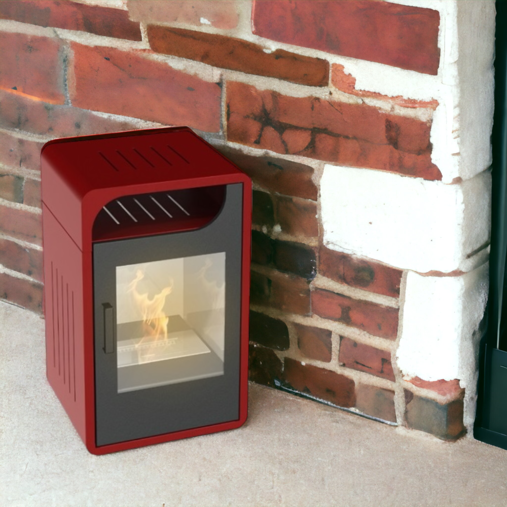 Stufa a bioetanolo 3 kw riscaldamento a liquido con struttura in acciaio bordeaux Gorgona