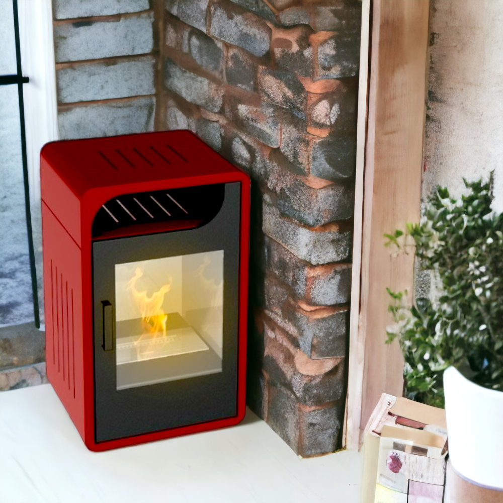 Stufa a bioetanolo 3 kw riscaldamento a liquido con struttura in acciaio bordeaux Gorgona