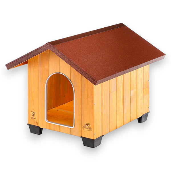 Cuccia rialzata in legno di pino per cani di taglia media con tetto spiovente impermeabile e griglia di areazione