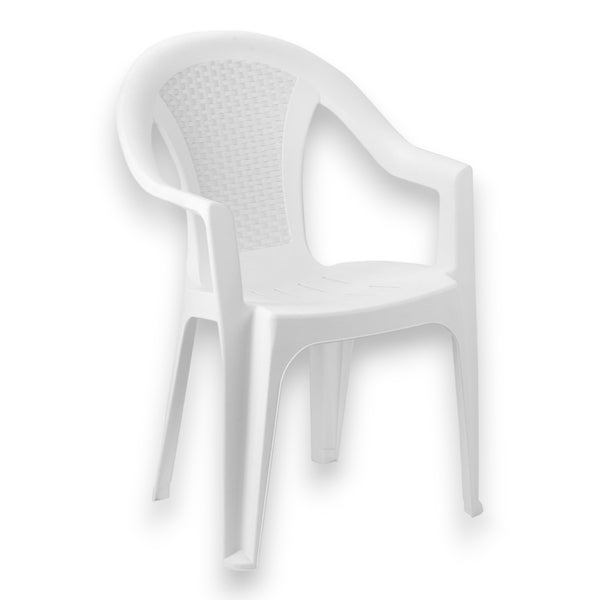 Sedia in resina bianca resistente impilabile per esterno con schienale effetto rattan