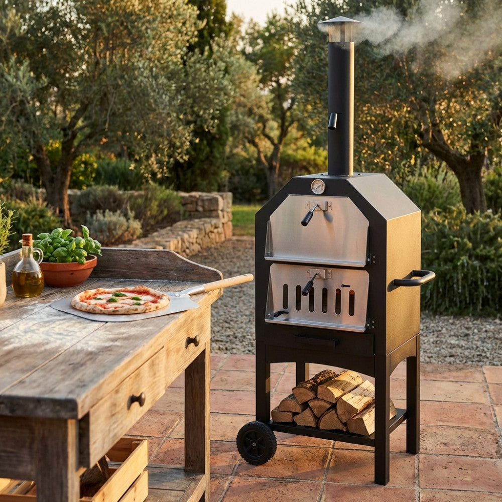 Forno a legna rettangolare in metallo grigio e nero per pizza italy