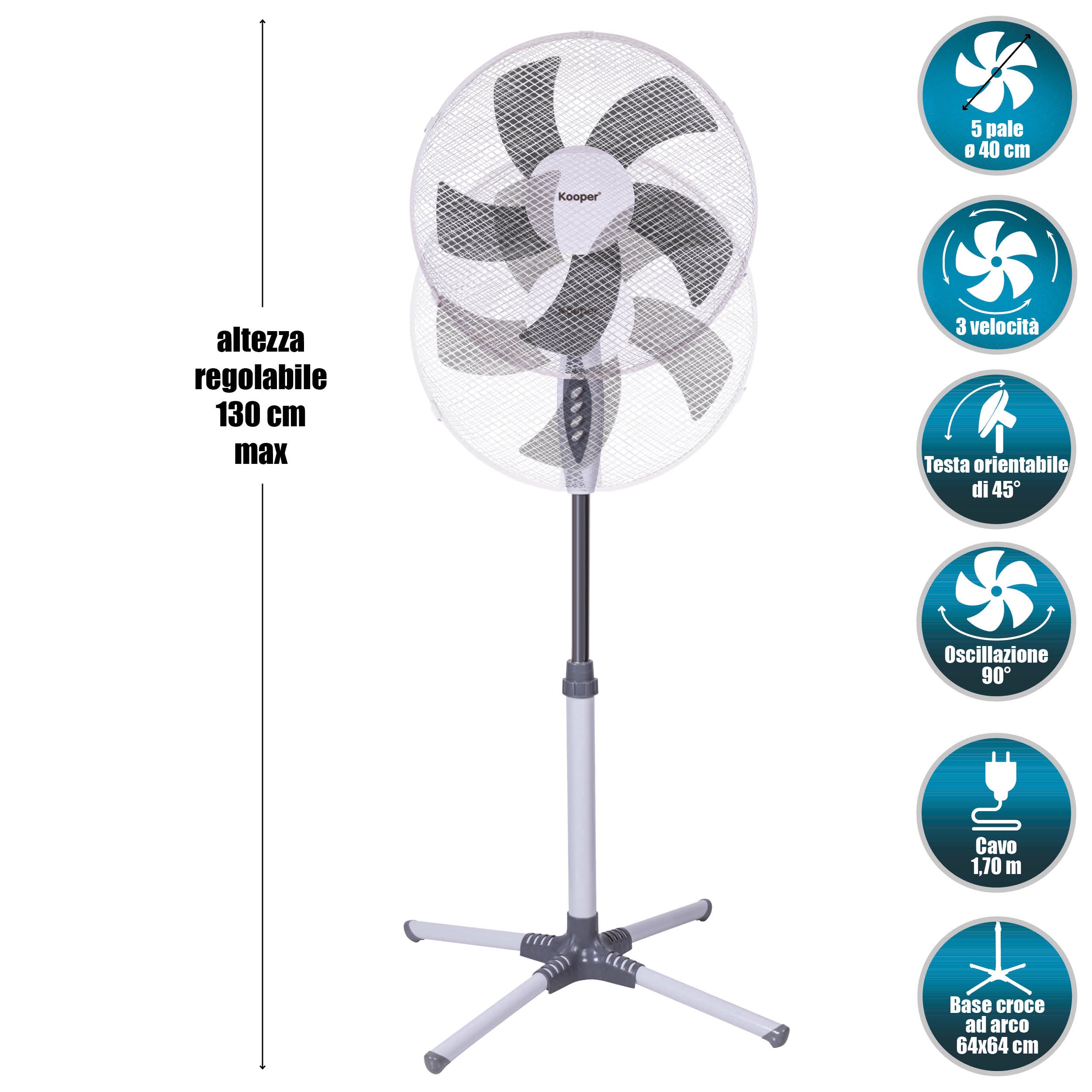 Ventilatore a piantana 5 pale base a croce 3 velocit e oscillazione altezza fino a 130 cm 45 W ArticFresh