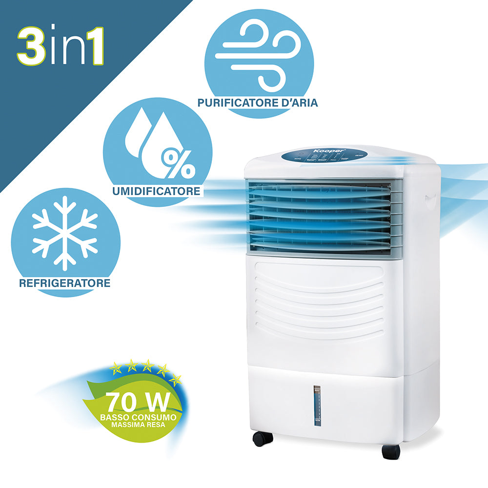 Ventilatore raffrescatore umidificatore e purificatore d'aria 3in1 con telecomando 70 W Triofresh