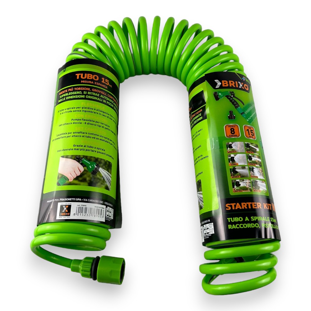 Tubo irrigazione allungabile da 15 metri a spirale con pistola multifunzione 8 getti e raccordi Brixo Iris Nilo