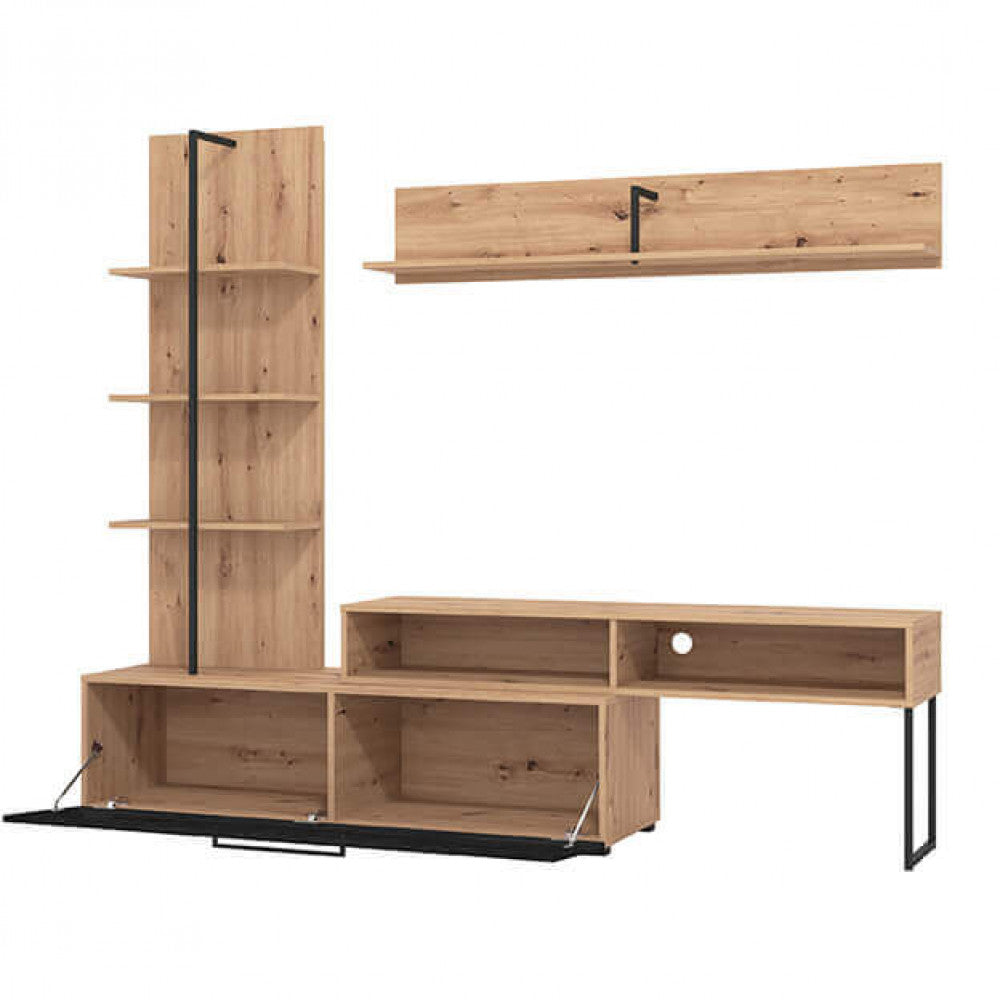 Parete attrezzata porta TV da soggiorno con 10 ripiani 1 anta grande a ribalta e mensola sospesa Paul