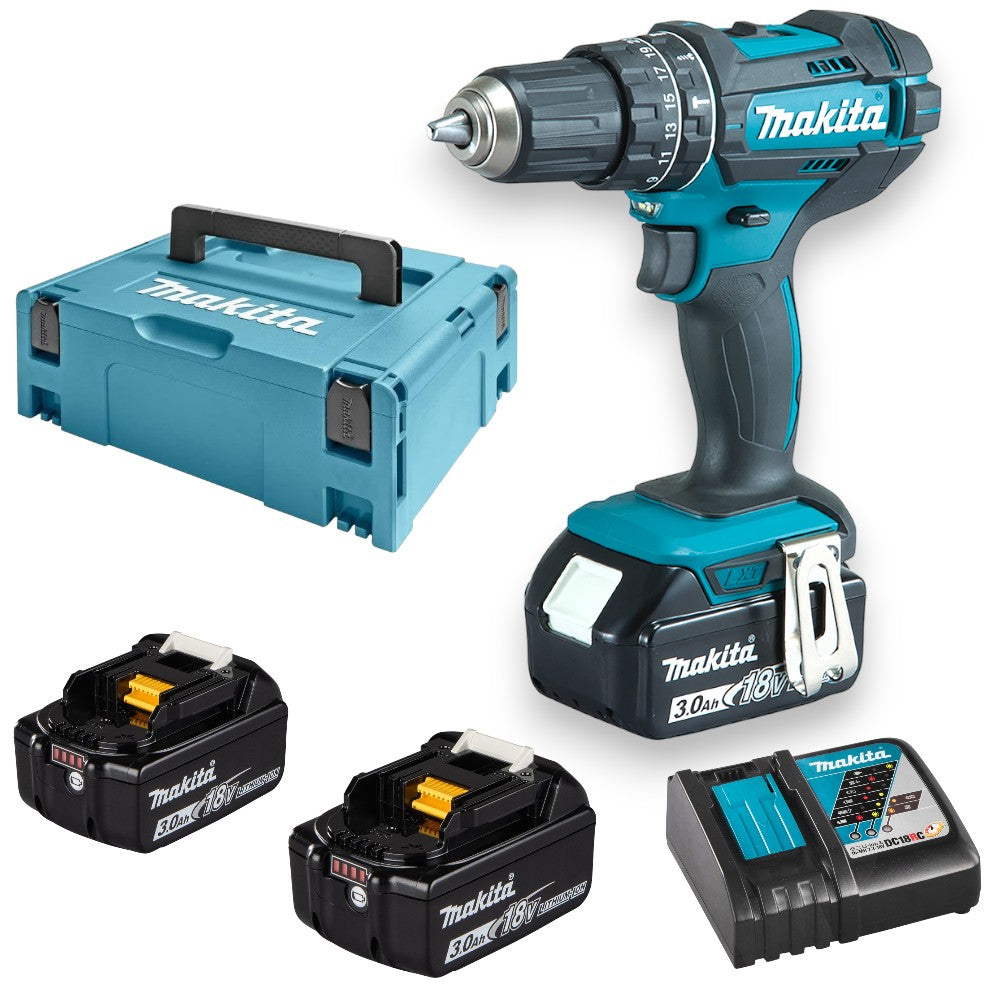 Trapano avvitatore professionale con percussione 2 velocità 18V 3Ah con 3 batterie e valigetta MAKPAC DHP482RF3J