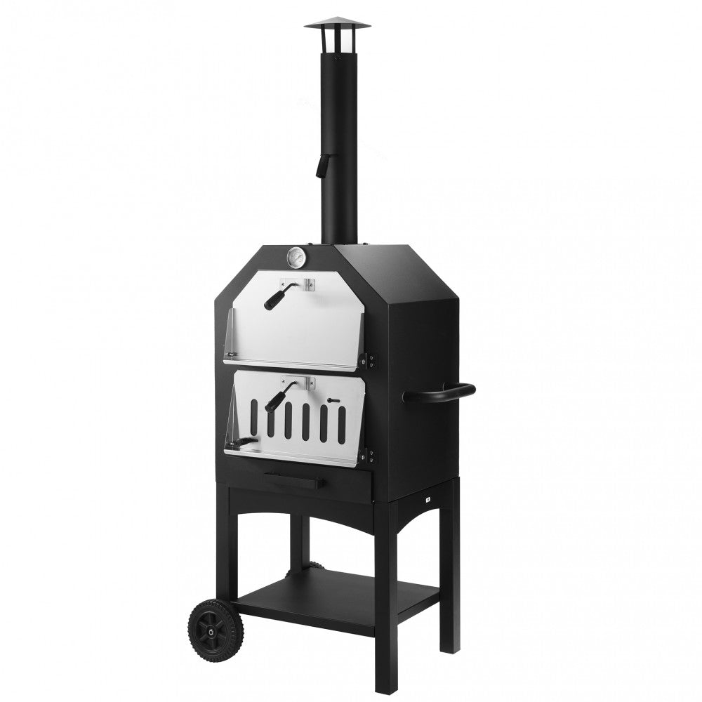 Forno a legna rettangolare in metallo grigio e nero per pizza italy