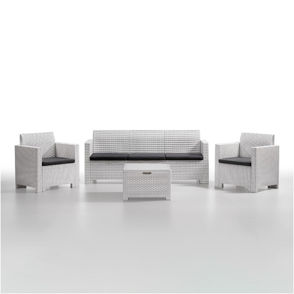 Salotto in rattan con 2 poltrone tavolo divano 3 posti tavolino e cuscini Nebraska