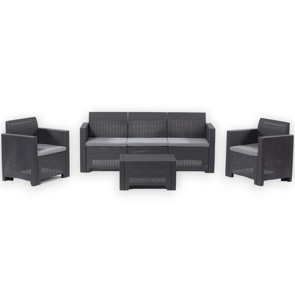 Salotto in rattan con 2 poltrone tavolo divano 3 posti tavolino e cuscini Nebraska