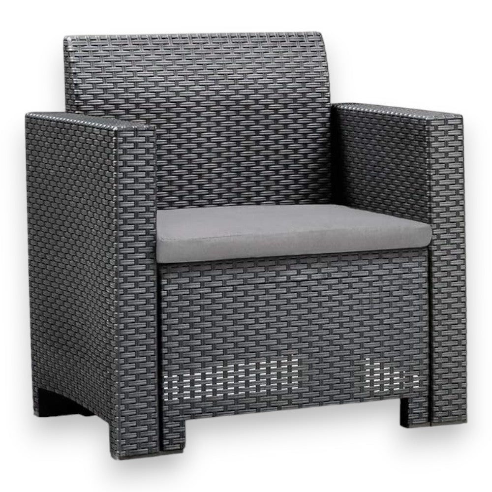 Salotto in rattan con 2 poltrone tavolo divano 3 posti tavolino e cuscini Nebraska