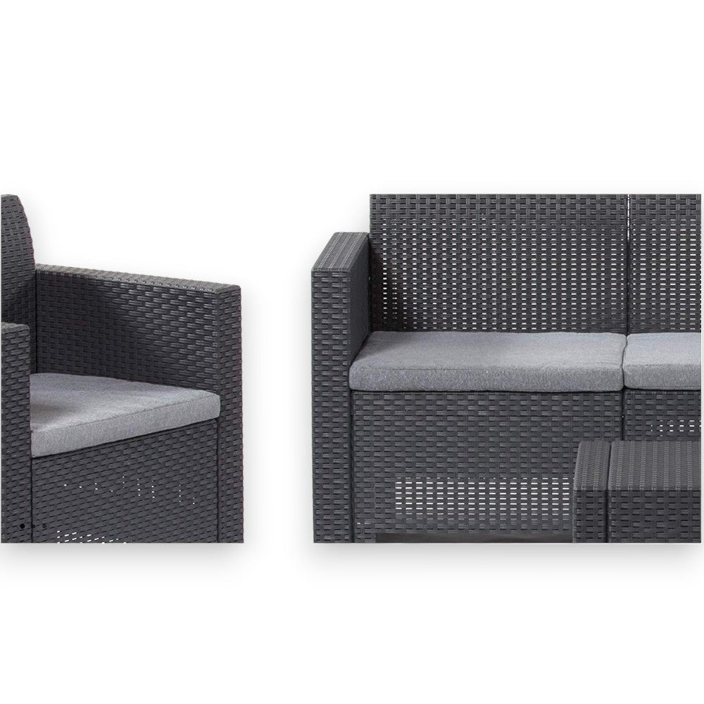 Salotto in rattan con 2 poltrone tavolo divano 3 posti tavolino e cuscini Nebraska