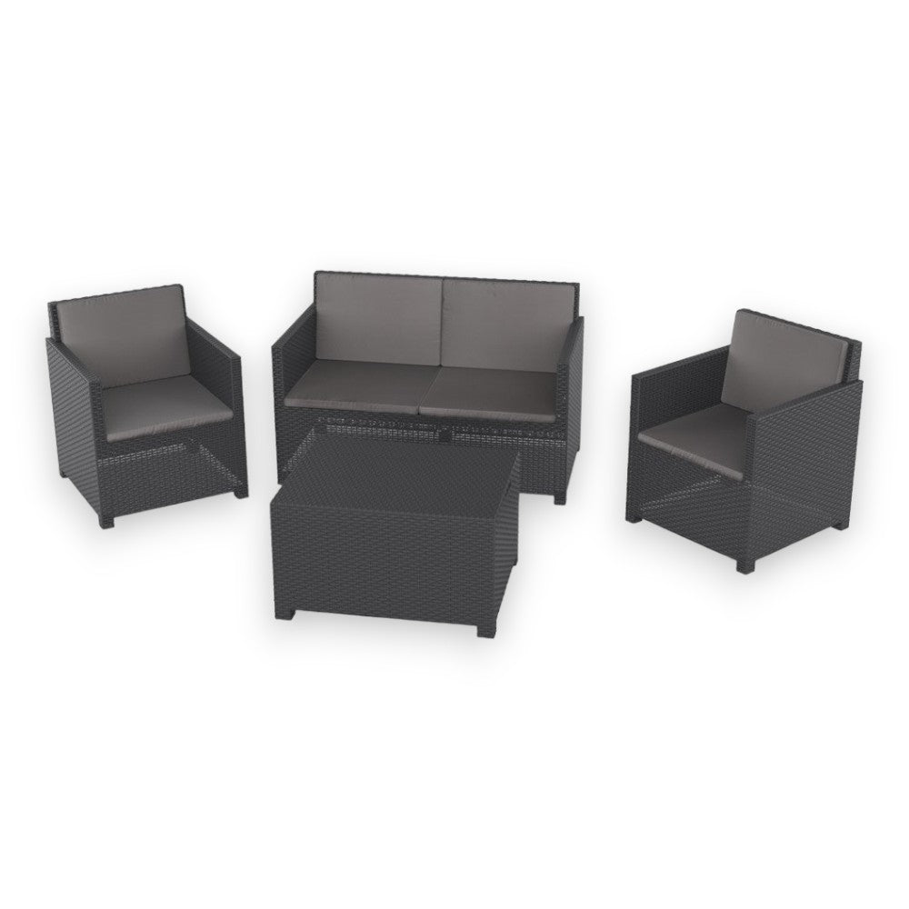 Salotto 4 posti da esterno giardino in resina antracite effetto rattan con cuscini imbottiti e tavolo contenitore Aurelia