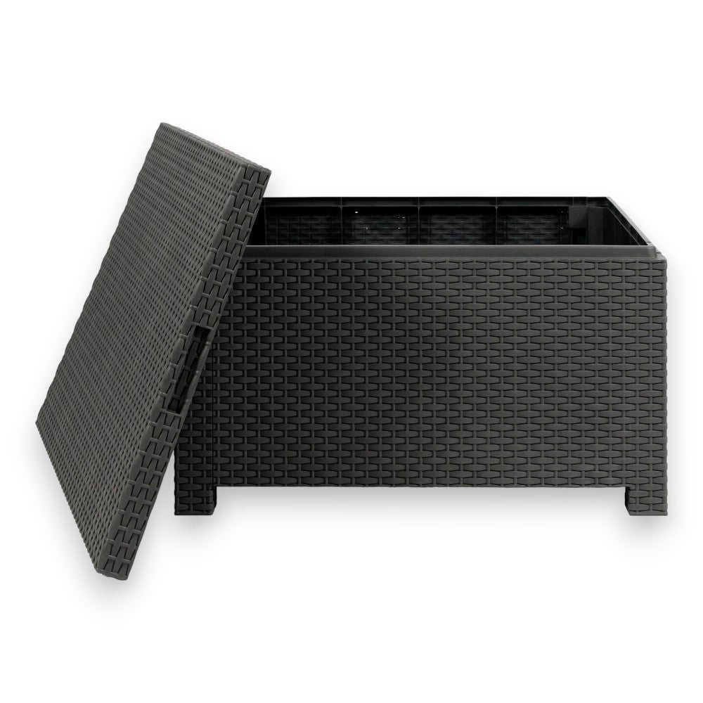 Salotto 4 posti da esterno giardino in resina antracite effetto rattan con cuscini imbottiti e tavolo contenitore Aurelia