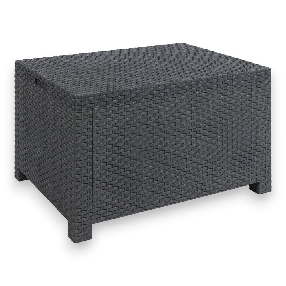 Salotto 4 posti da esterno giardino in resina antracite effetto rattan con cuscini imbottiti e tavolo contenitore Aurelia