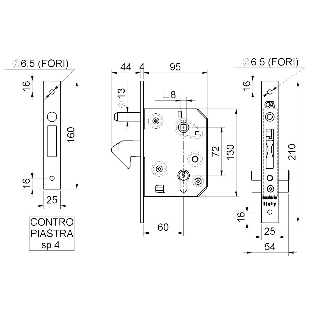 Serratura Infilare a gancio per cancelli scorrevoli 60 mm Art. 350.60 COMBI