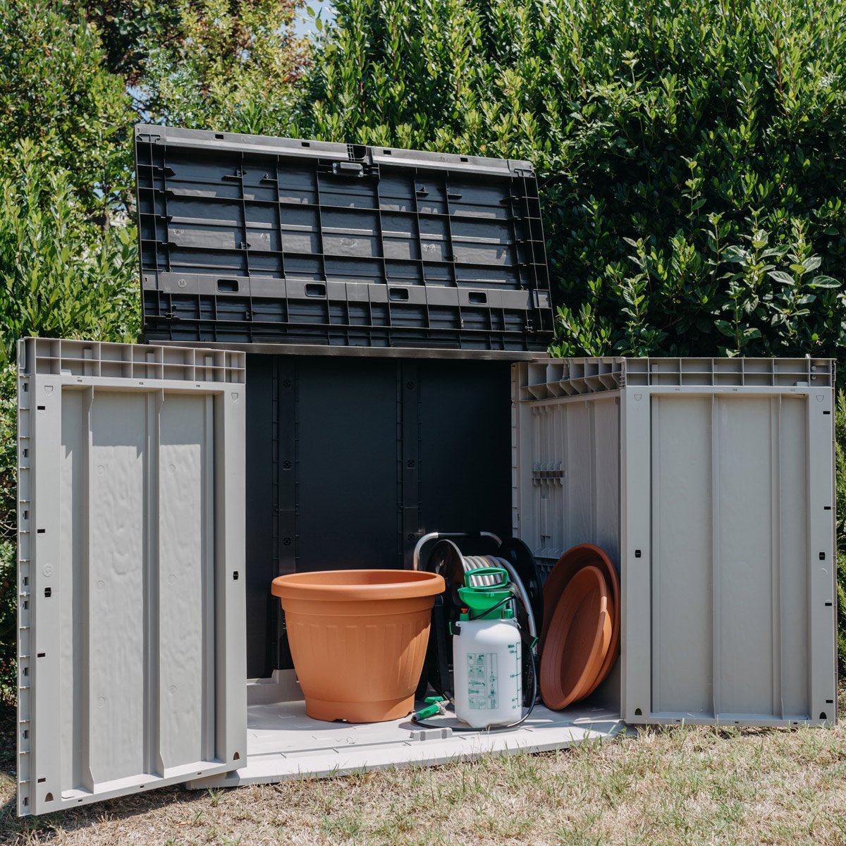 Baule container apribile in resina multiuso per esterno STORA WAY