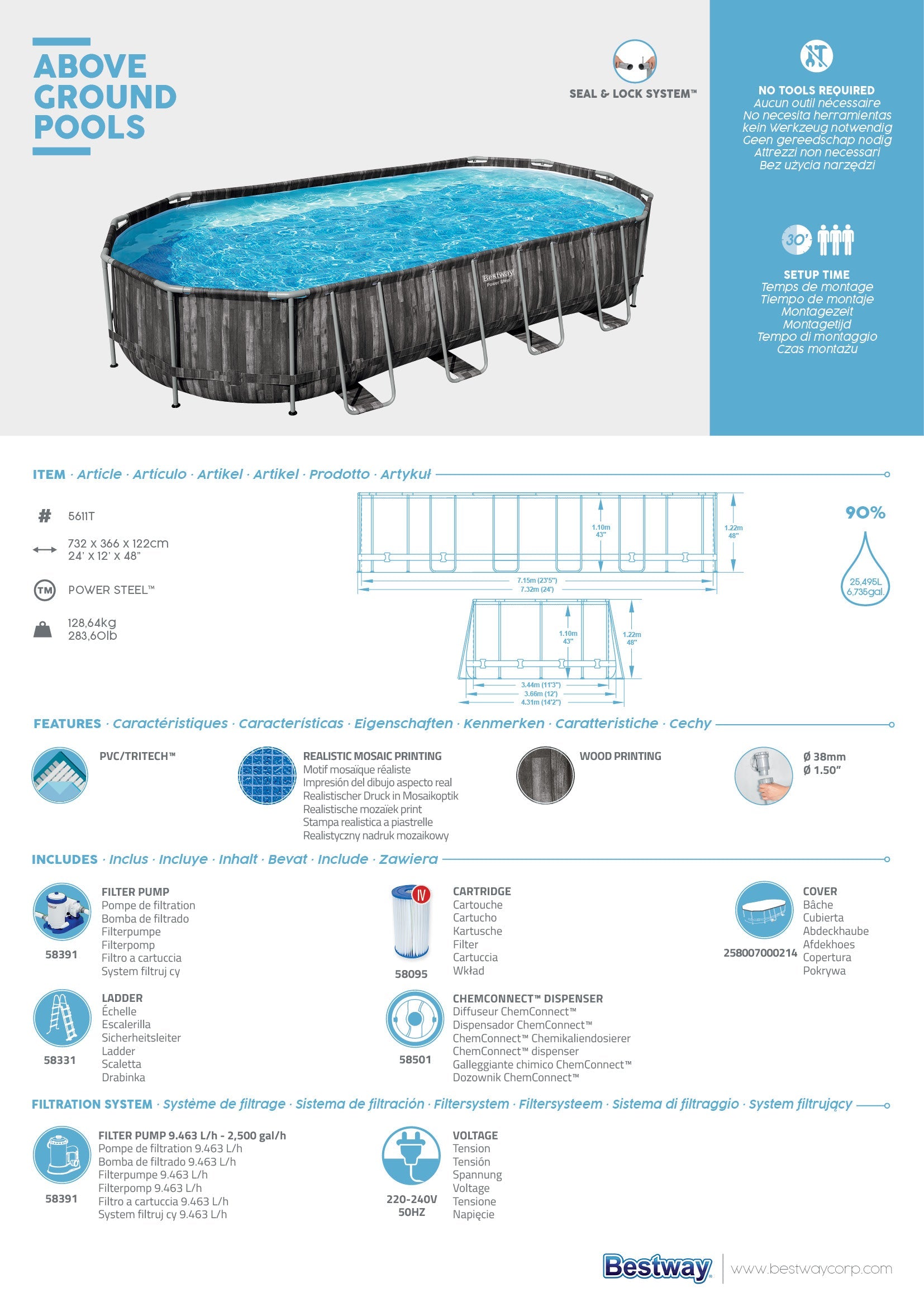 Piscina fuori terra ovale Power Steel 732x366x122 cm Bestway 5611T