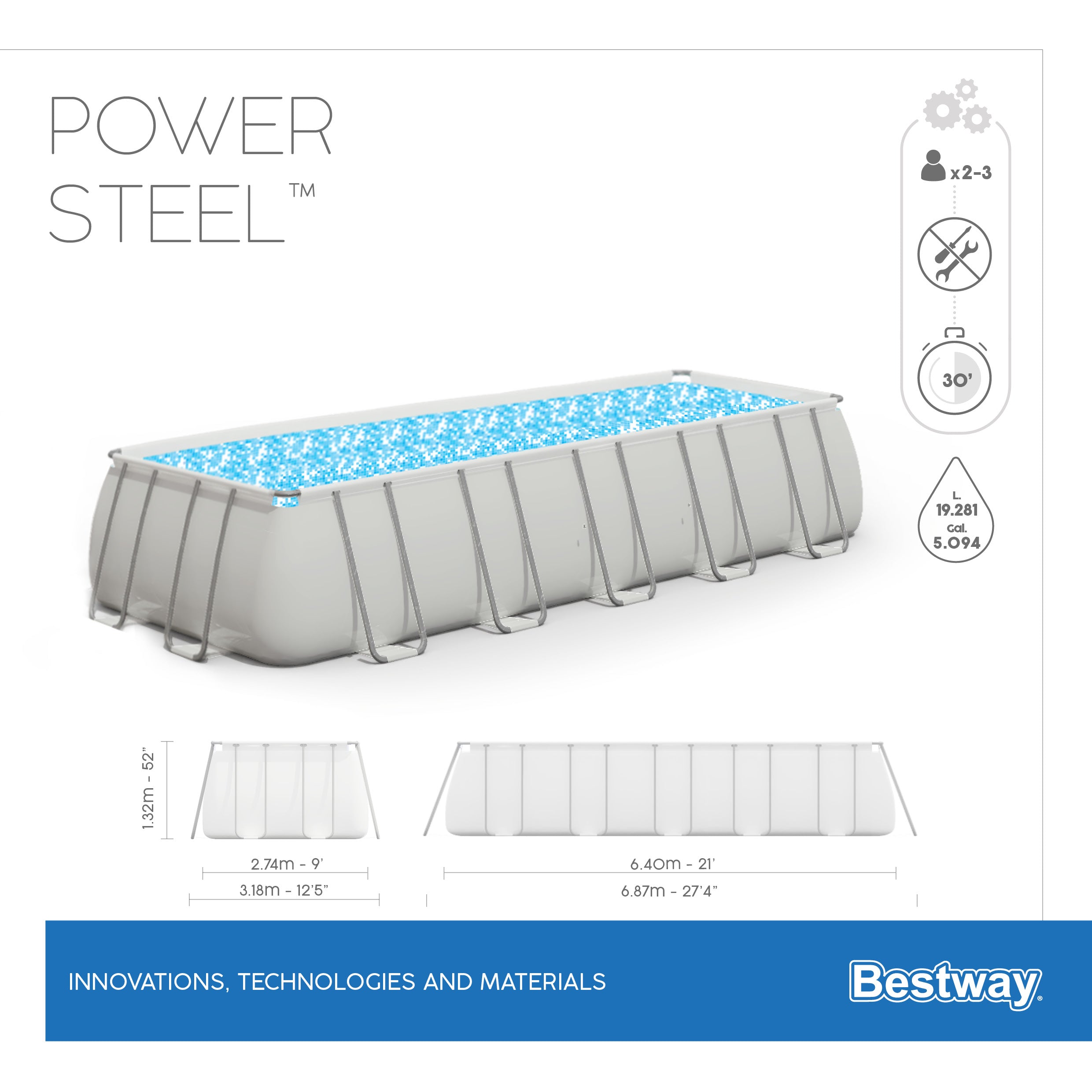 Piscina fuori terra rettangolare Power Steel 640x274x132 cm Bestway 5611Z