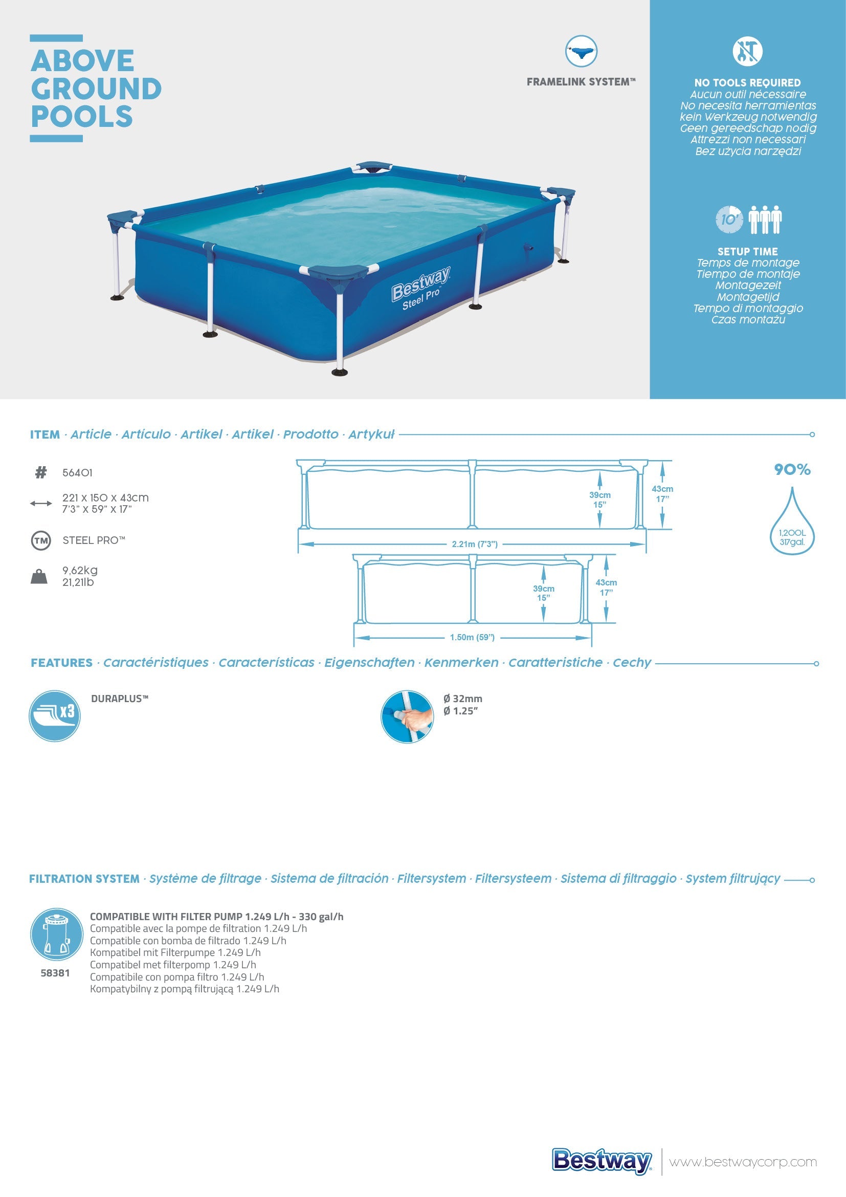 Piscina bassa rettangolare per bambini 221x150xh43 cm Steel Pro Frame Bestway 56401