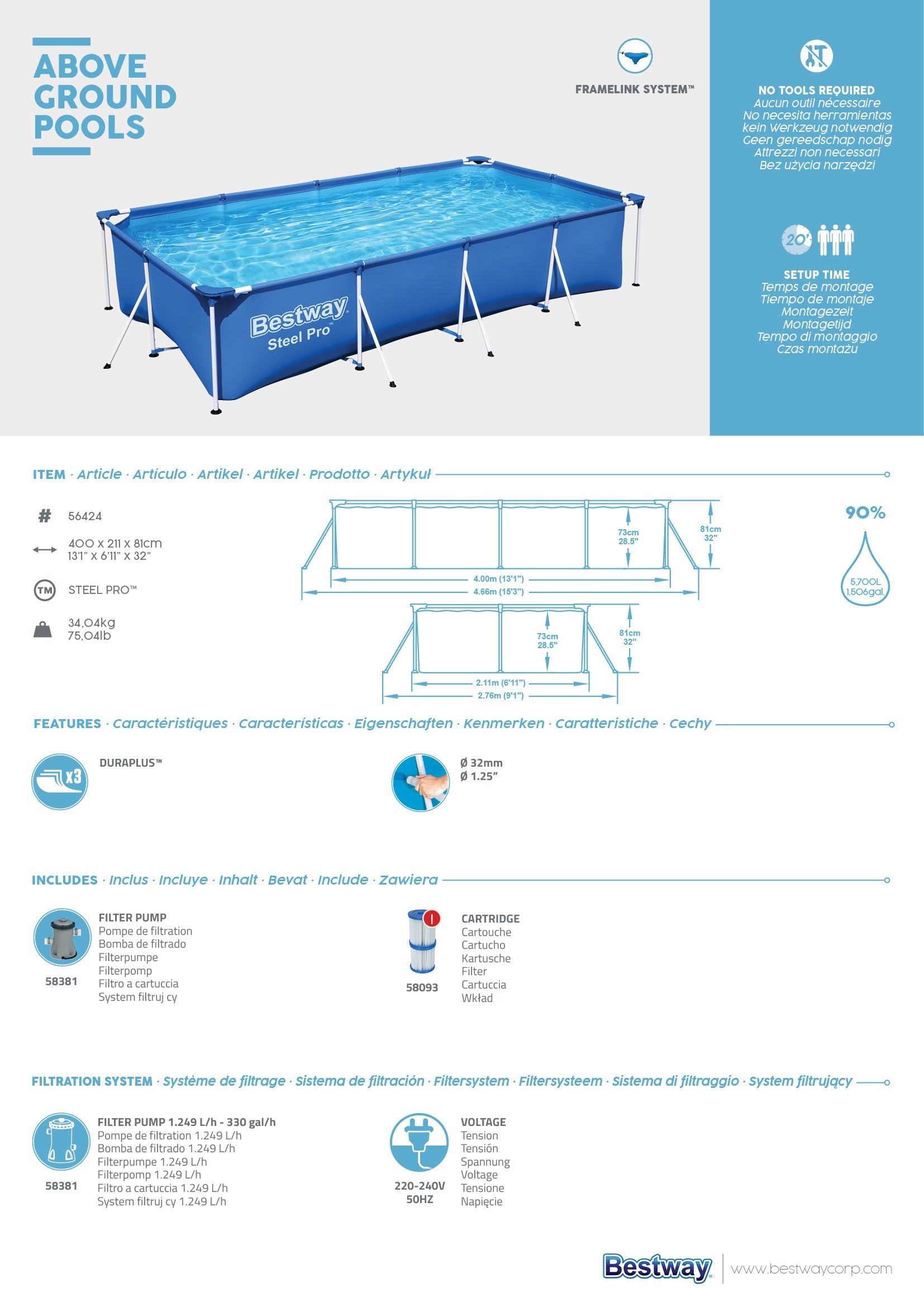Piscina rettangolare Steel Pro 400x211x81cm Bestway 56424