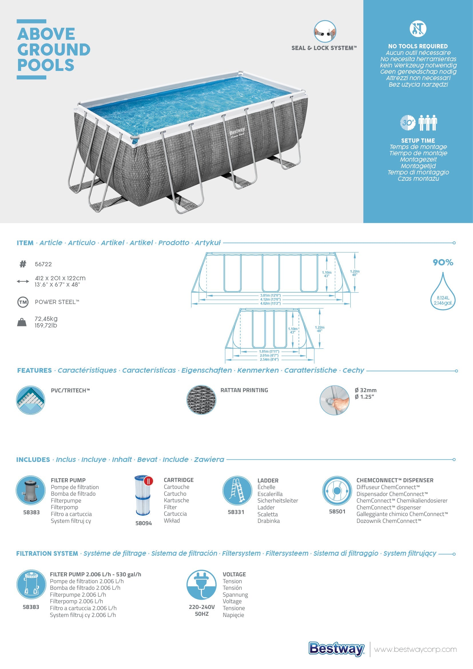 Piscina con struttura rettangolare rattan 4.12m x 2.01m x 1.22m Power Steel Bestway 56722