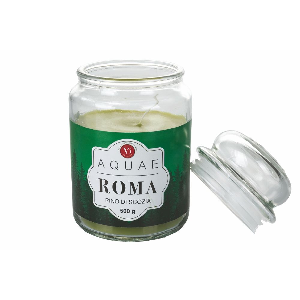 Candela in cera giara in vetro pino di scozia 500 gr Aquae Roma