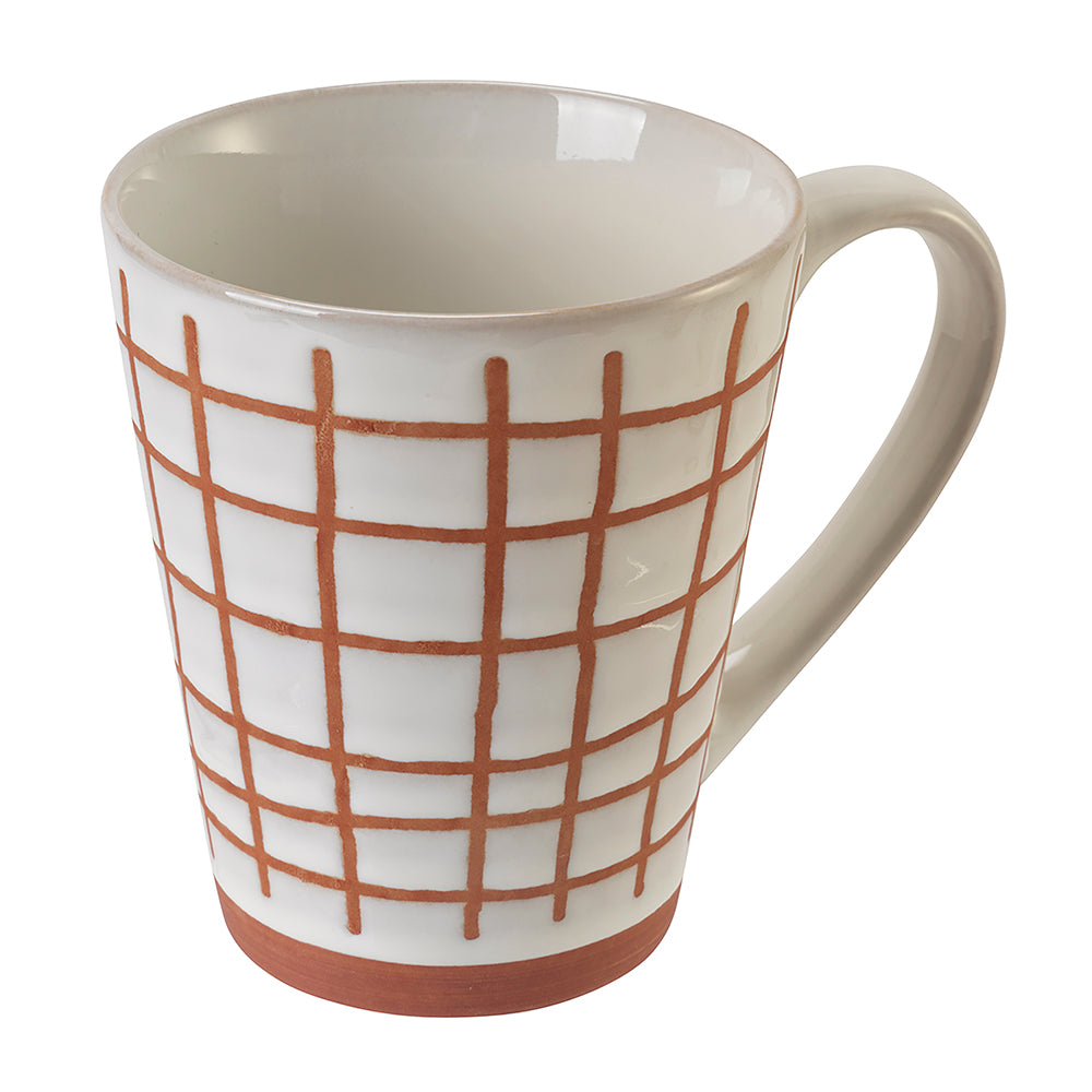 Tazza mug in gres con manico decorazioni geometriche in rilievo rosso mattone bianco 369 ml lavabile in lavastoviglie e microonde