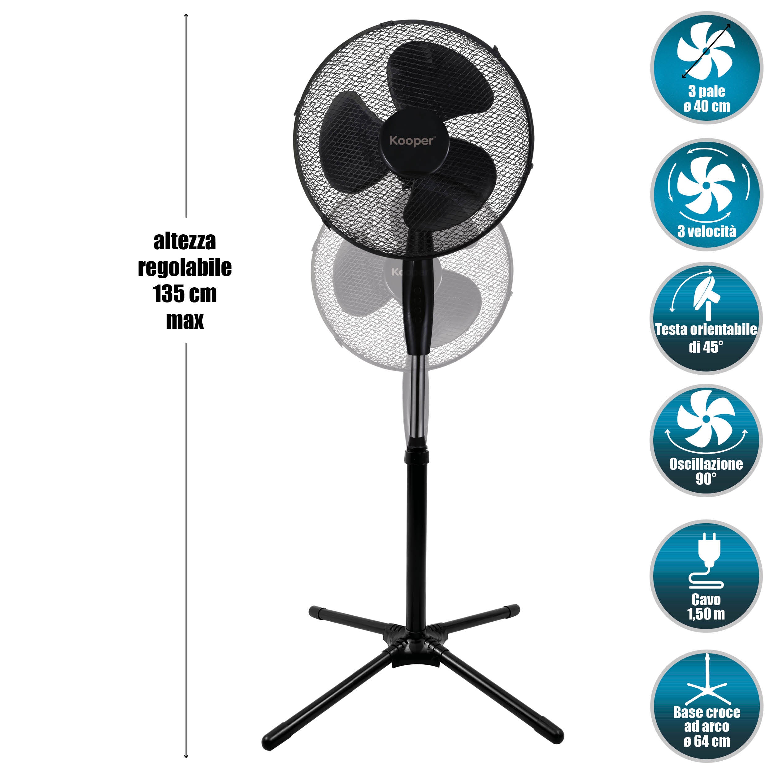 Ventilatore a piantana base a croce 3 velocit con oscillazione 45 W h133 cm nero ArticFresh