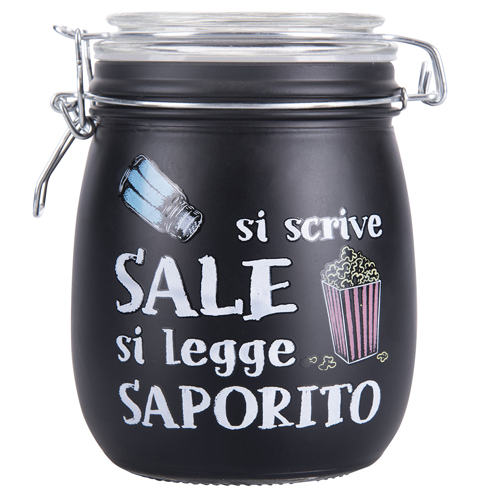 Set 6 barattoli da cucina 800 ml in vetro nero satinato con decorazione scritta Si scrive