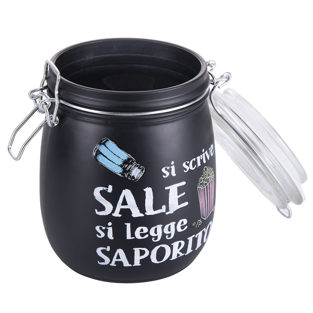 Set 6 barattoli da cucina 800 ml in vetro nero satinato con decorazione scritta Si scrive